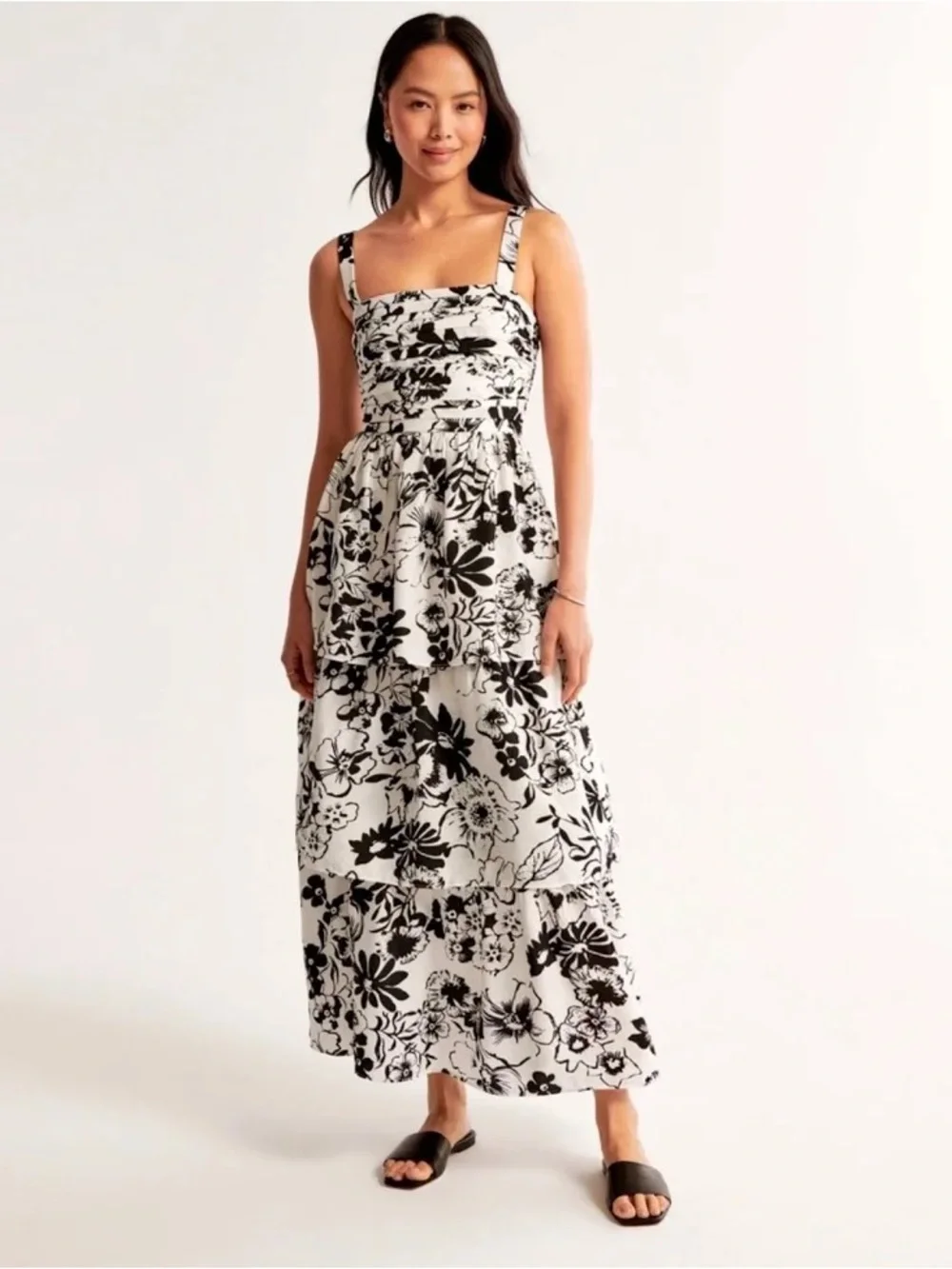 Abercrombie & Fitch Black and White Floral Tiered Maxi Dress, size XL